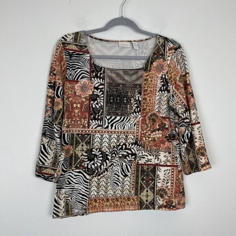 Chicos Multi Colored Square Neck Multi Print Floral Animal Size 1 (medium)